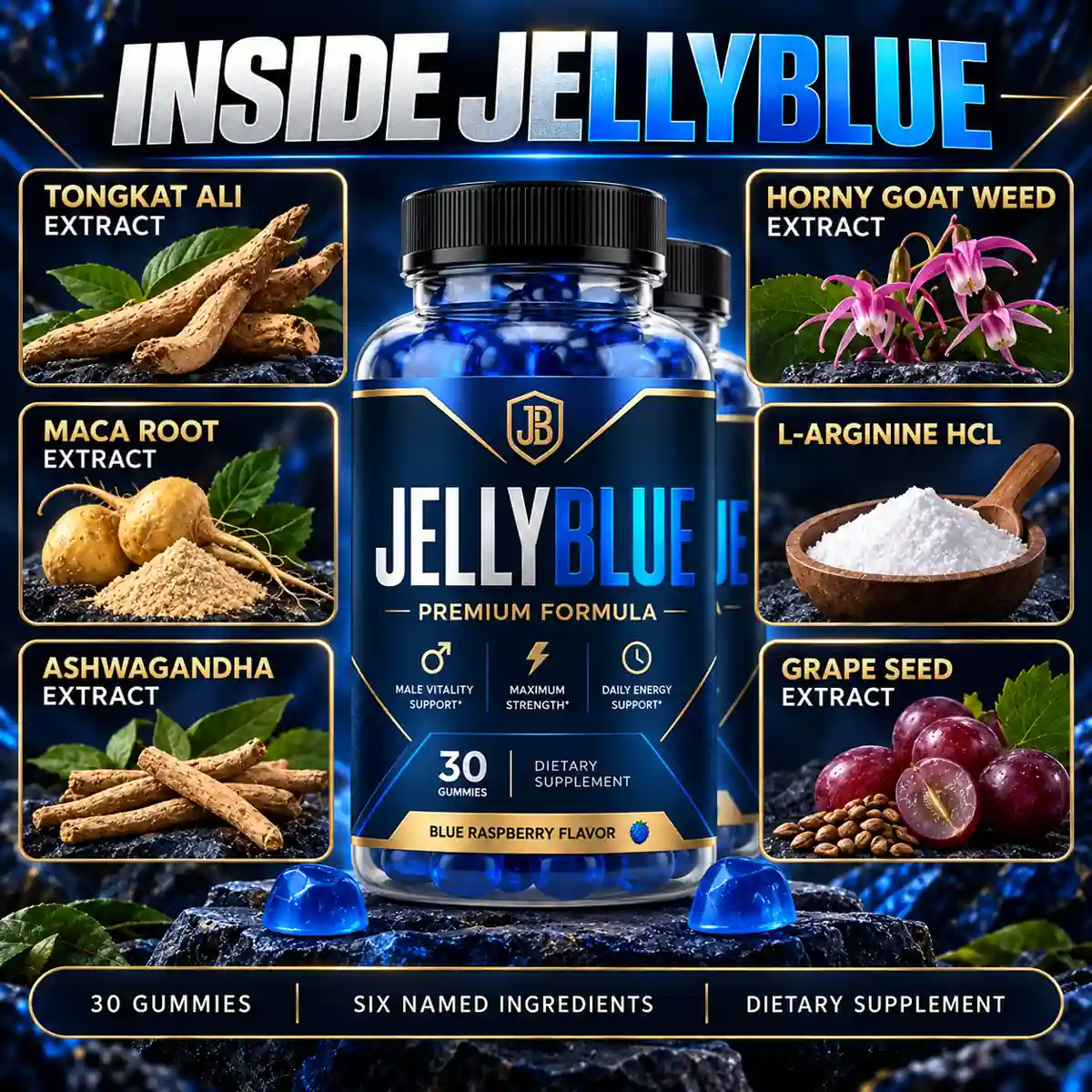 A JellyBlue illustration naming six ingredients around the bottle