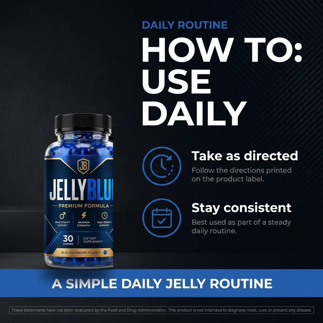 A JellyBlue illustration headed how to use daily, beside the bottle