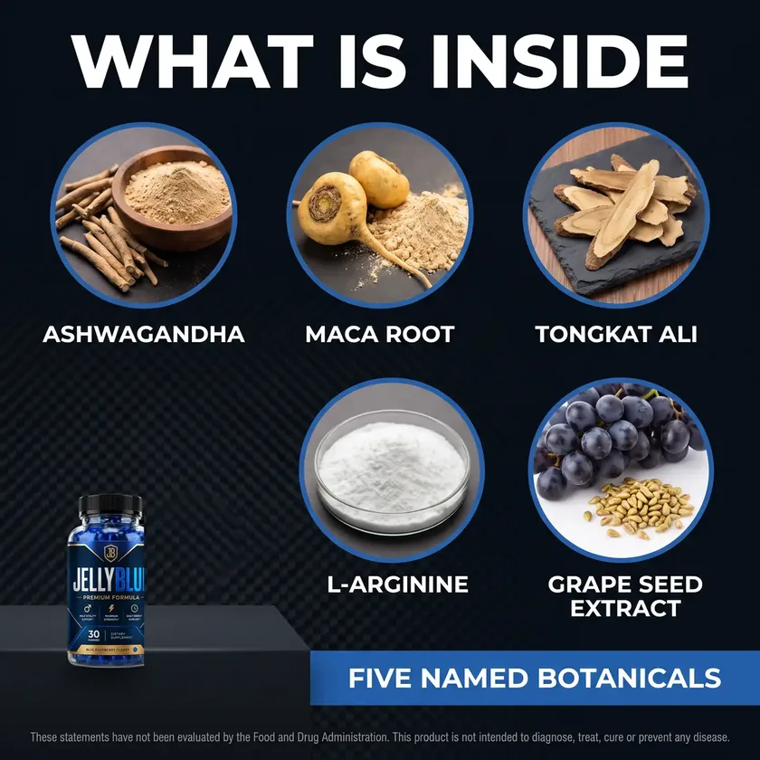 A JellyBlue illustration headed what is inside, with five circular ingredient photographs