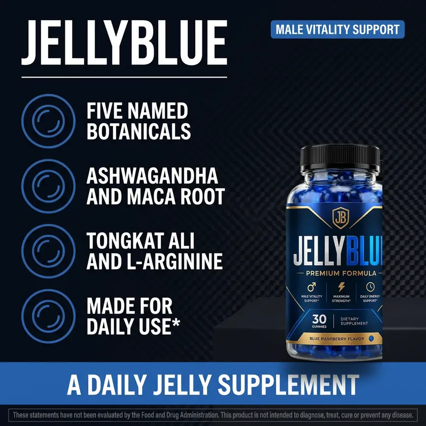 A JellyBlue male vitality support illustration listing four lines beside the bottle