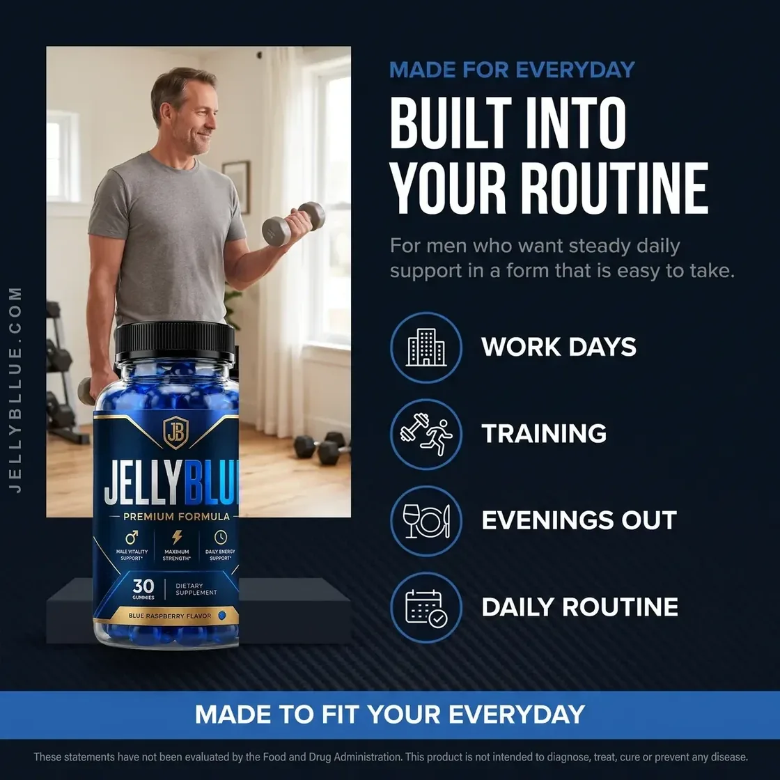 A JellyBlue lifestyle illustration showing a man training at home beside the bottle