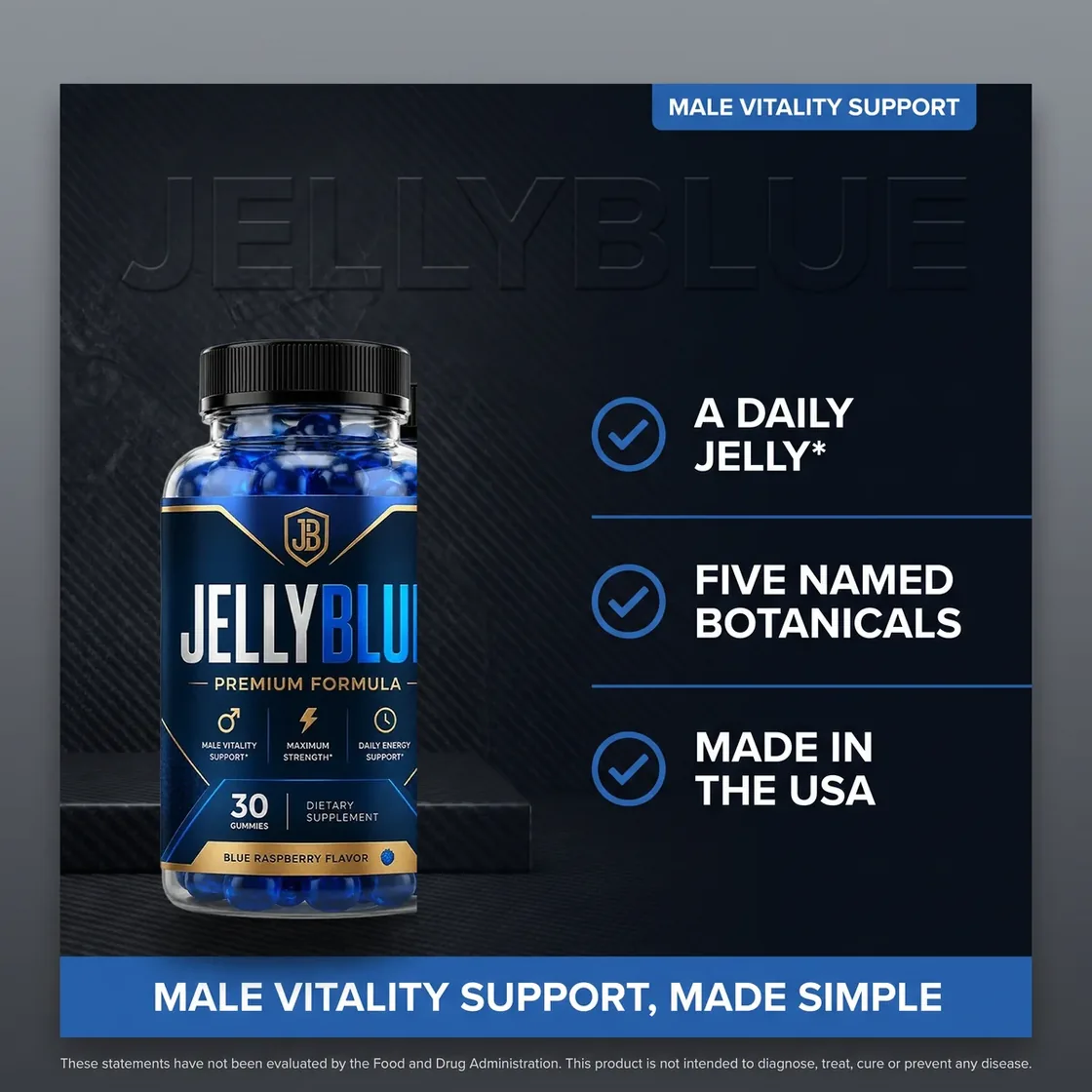 A JellyBlue illustration of the bottle beside three ticks: a daily jelly, named botanicals, made in the USA