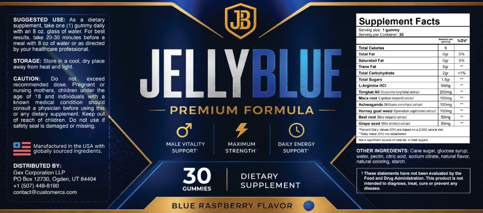 The JellyBlue back label showing suggested use, the Supplement Facts panel and the distributor block